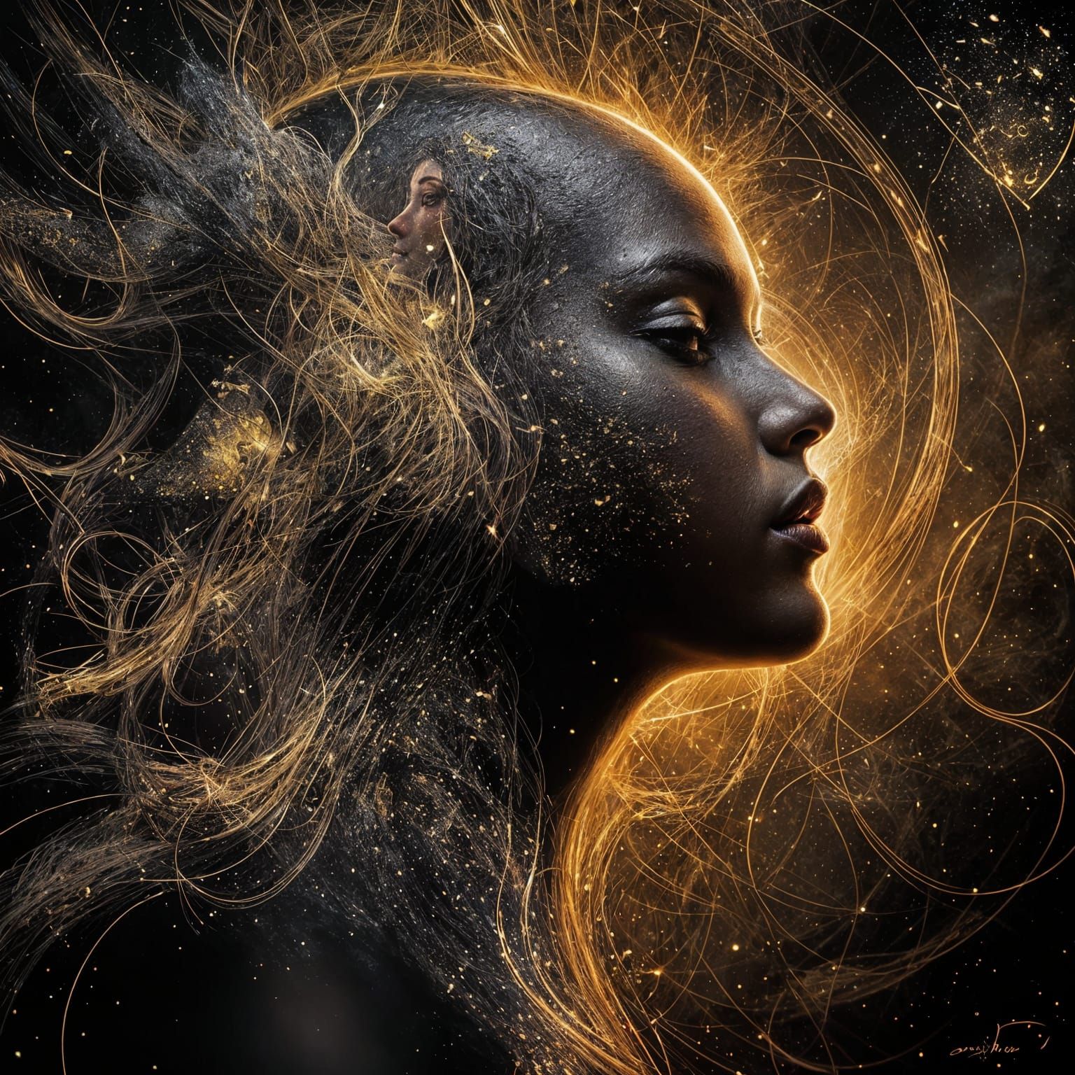 Surreal Woman in Caravaggesque Tenebrism with Gold Leaf