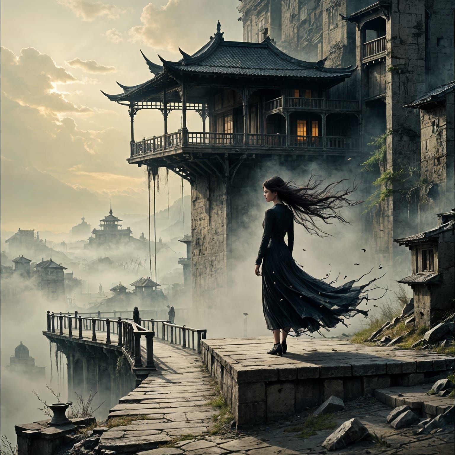 Ethereal Woman in Black Robes Stands Tall