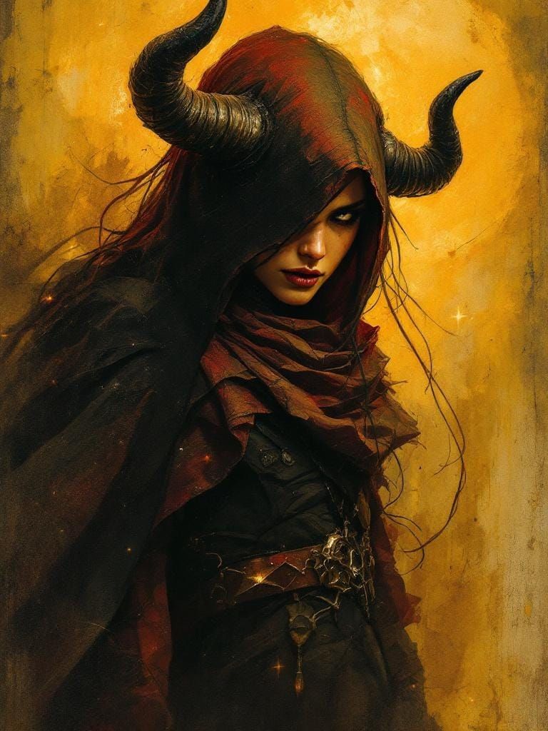Playful Horned Rogue in Dark Art Style