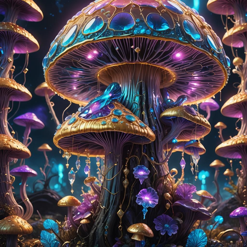 Neon Crystal Mushroom with Alien in Fantasy Style