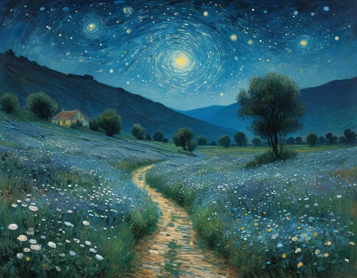 Starry Valley: Impressionistic Landscape with Asters