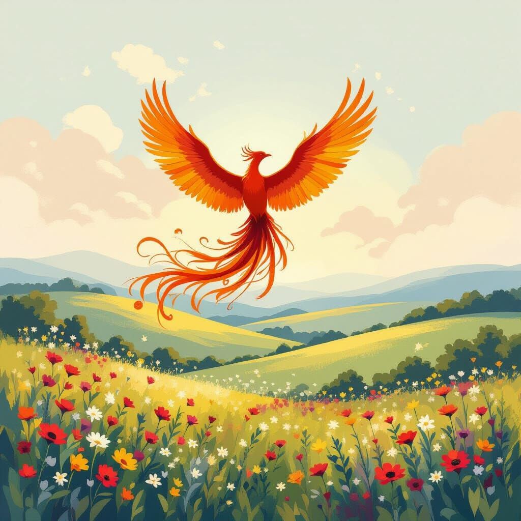 Phoenix Soaring Over Wildflower Hills: Impressionistic Art