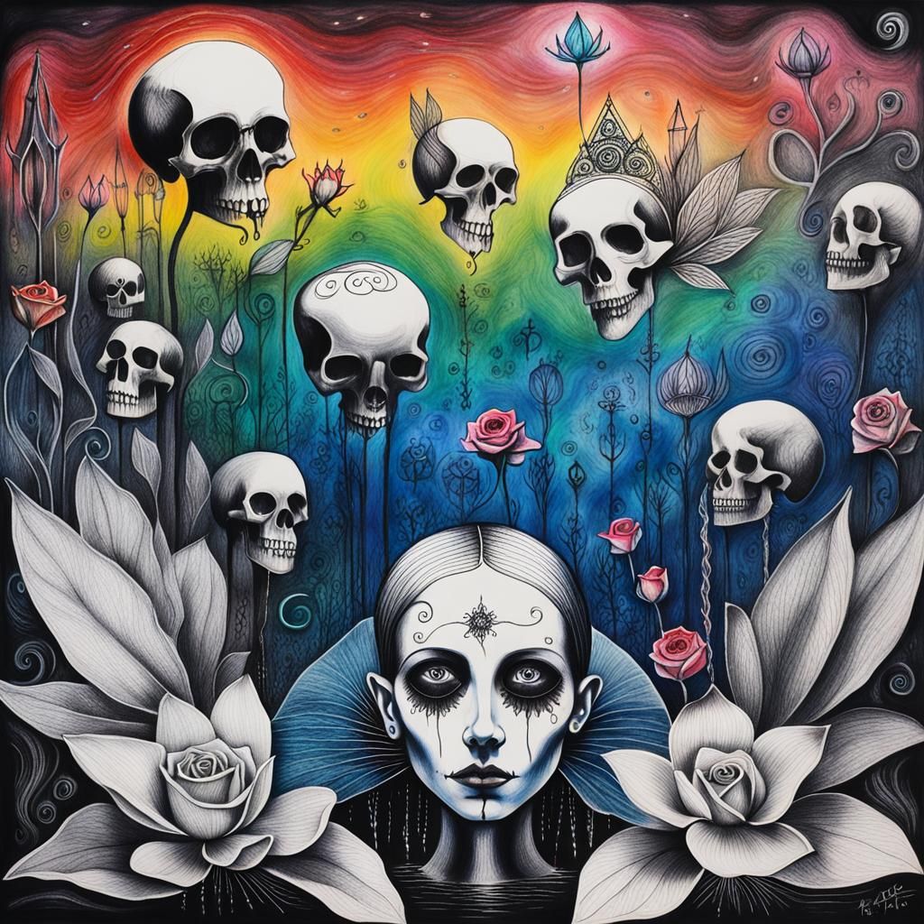 Surreal Gothic Woman in Crayon Style