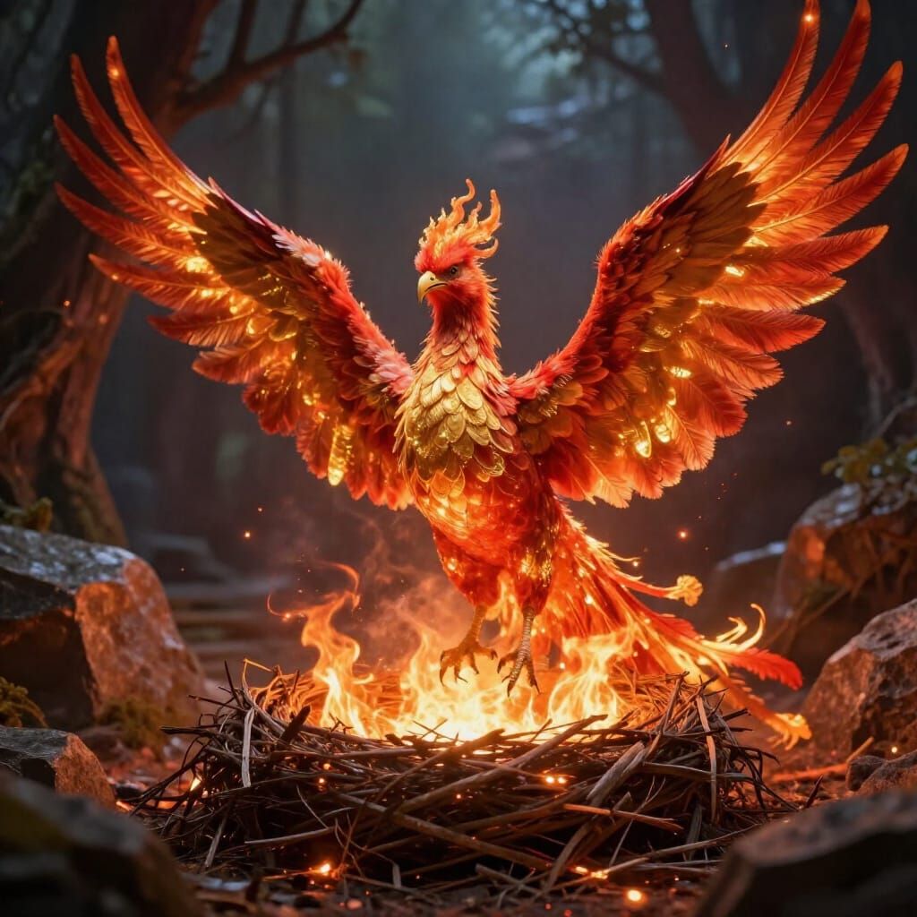 Majestic Phoenix Beside Fiery Nest in Fantasy Art Style