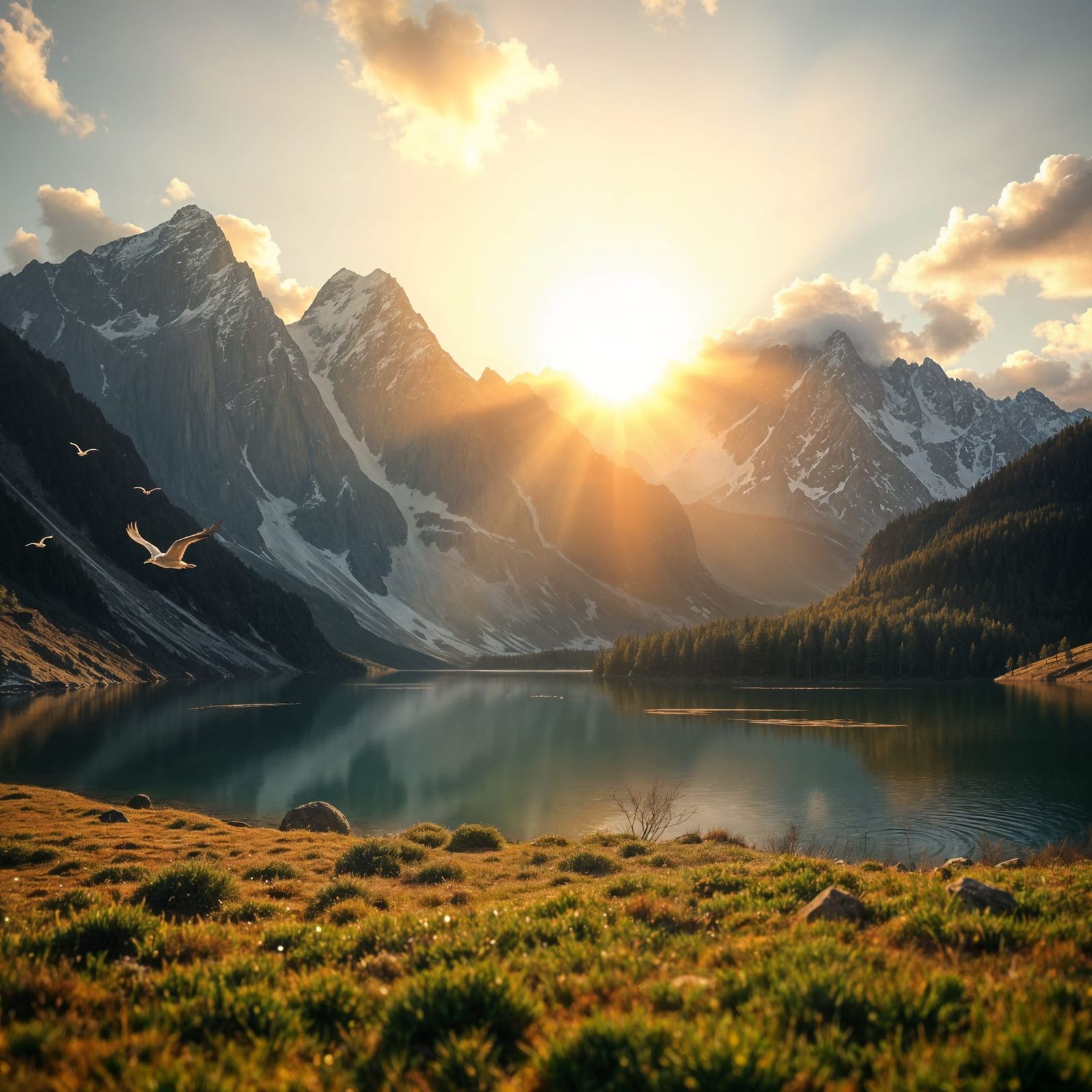 Serene Mountain Sunrise in Hyper-Realistic Style