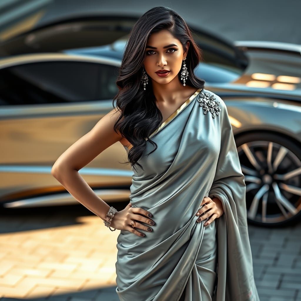 Confident Woman in Elegant Silver Saree