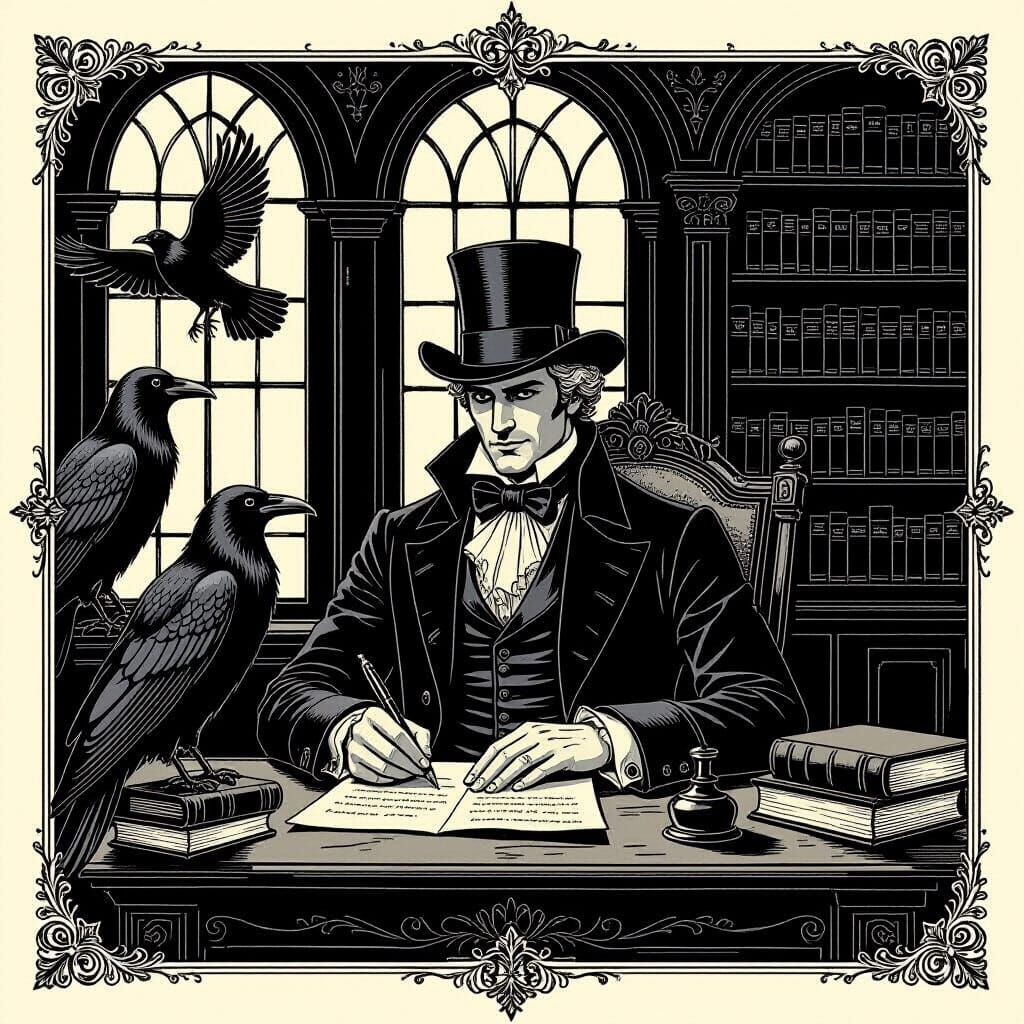 Regency Gentleman at Writing Desk with Ravens, Gothic Illust...