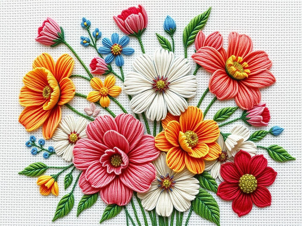 Colorful Whimsical Flower Bunch in Cross-Stitch Style