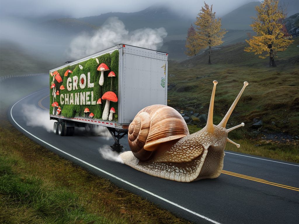 Giant Snail Hauling a Mushroom Trailer on Misty Road