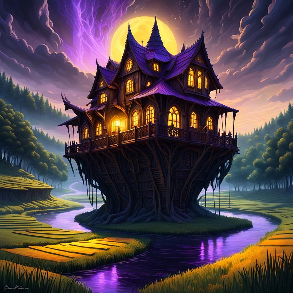 Mystical Flying House Over River, Dark Fantasy Art