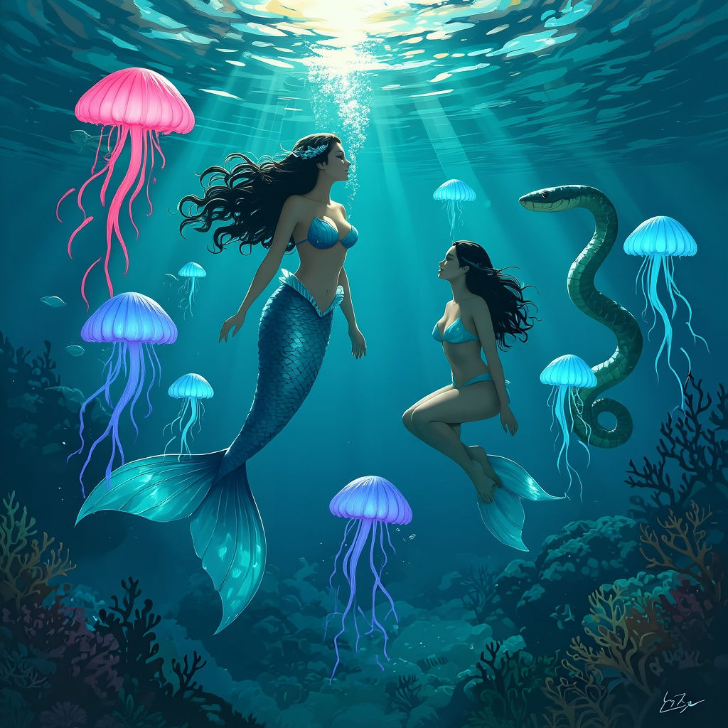 Beautiful Mermaid Swimming Underwater with Companion