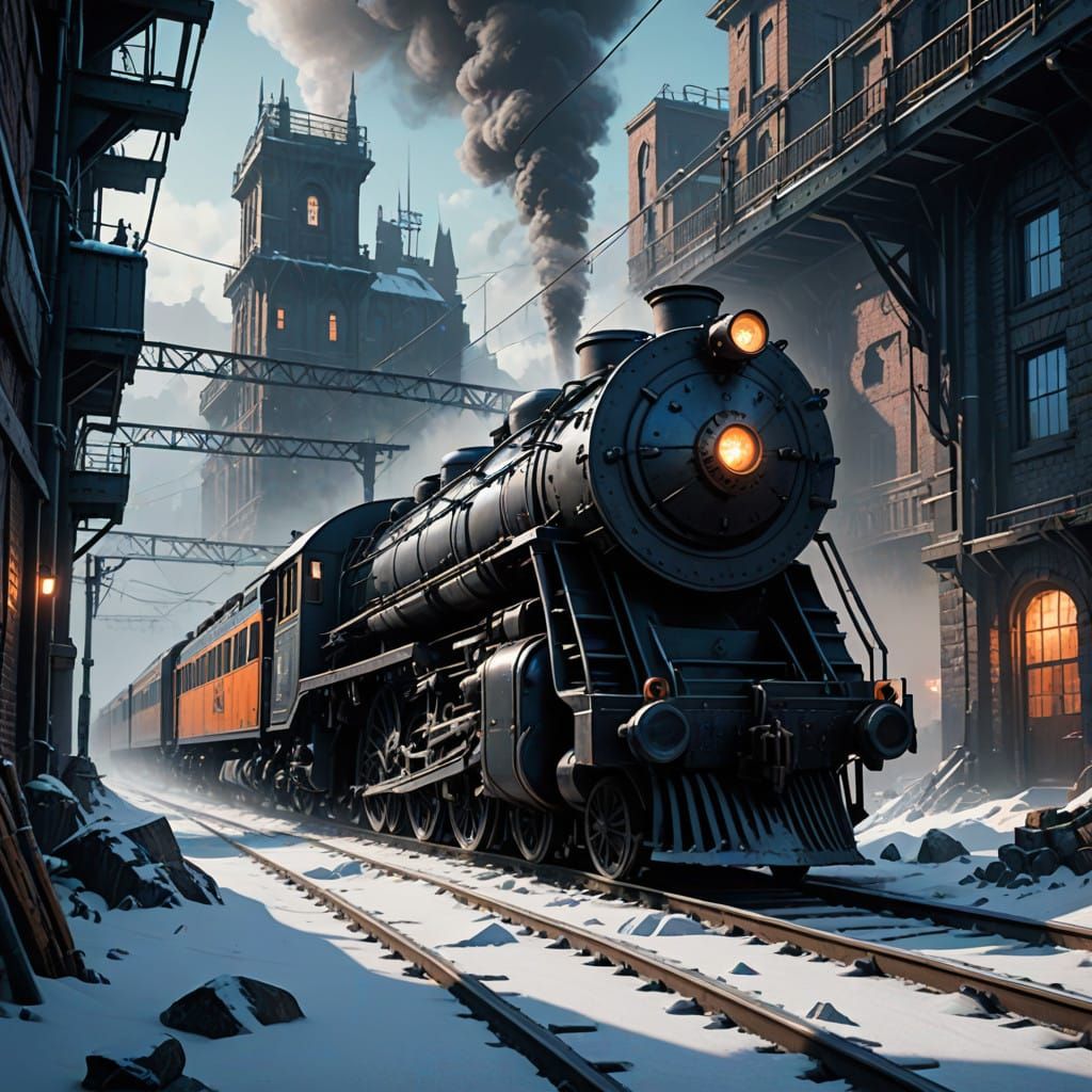 Frostpunk Train in a Mystical, Industrial Landscape