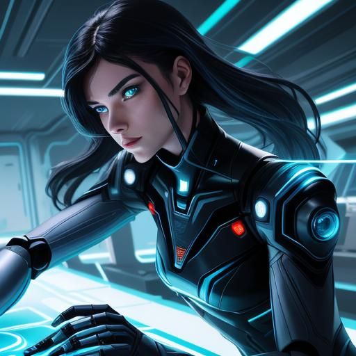 Girl Plays with Robots in Futuristic Comic Art