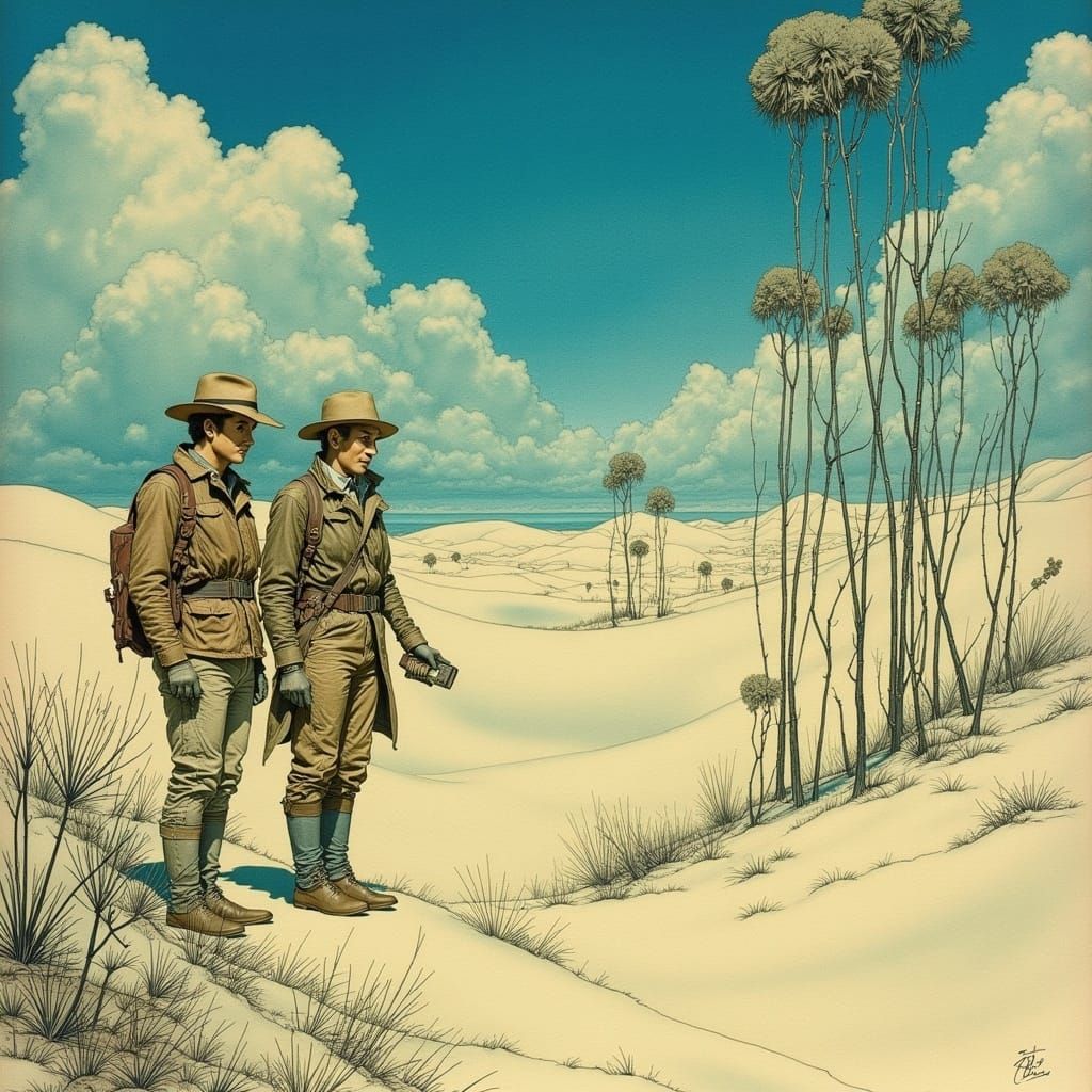 Art Nouveau Alien Desert Landscape with Scientists