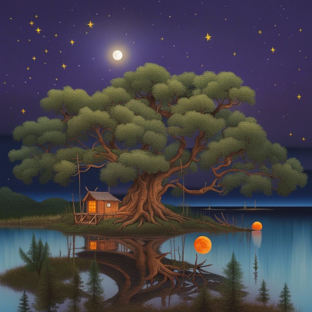 Sci-Fi Island with Cabin and Orange Moon