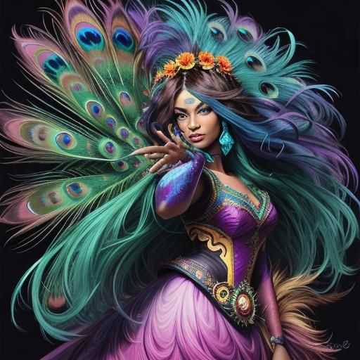 Vibrant Comic Art Portrait of Woman with Peacock Feathers