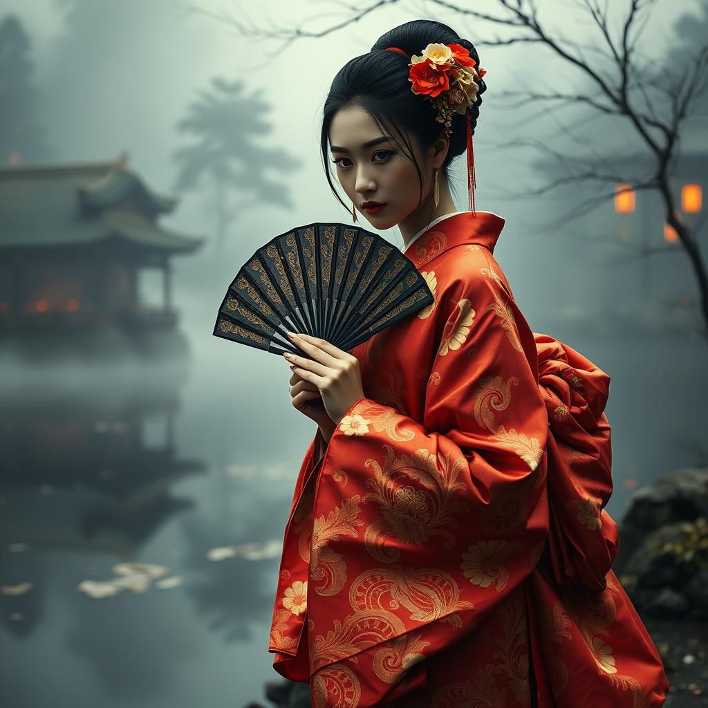 Japanese Woman in Kimono in Nihonga Style