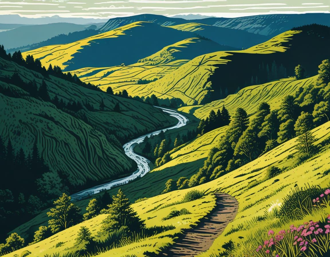 Scenic Rhön Mountain Trail in Watercolor Linocut