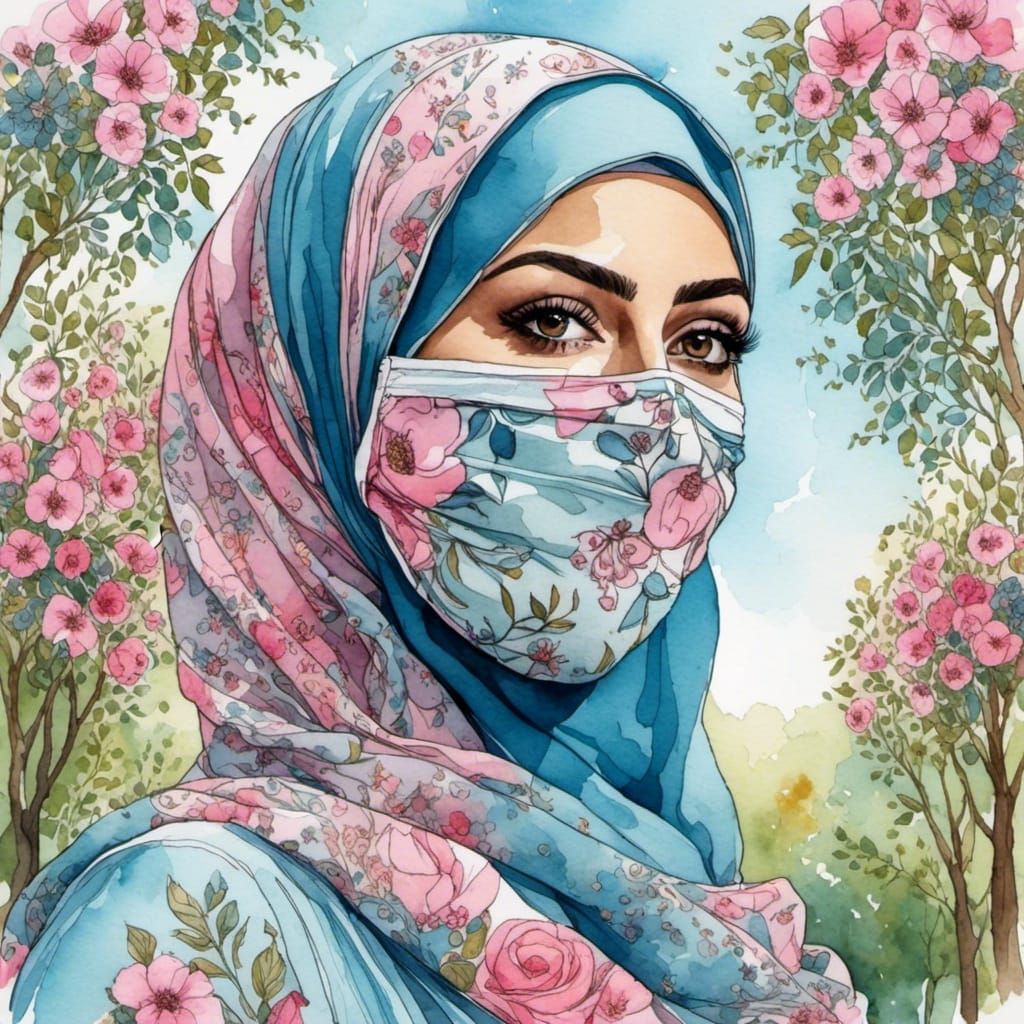 Middle Eastern Woman in Hijab, Watercolor Portrait