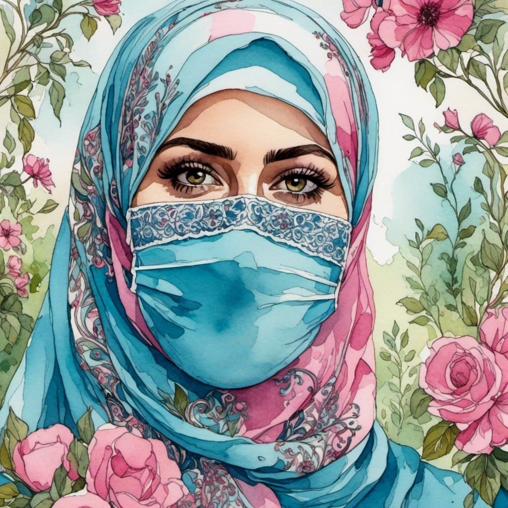 Middle Eastern Woman Portrait in Watercolor with Facemask
