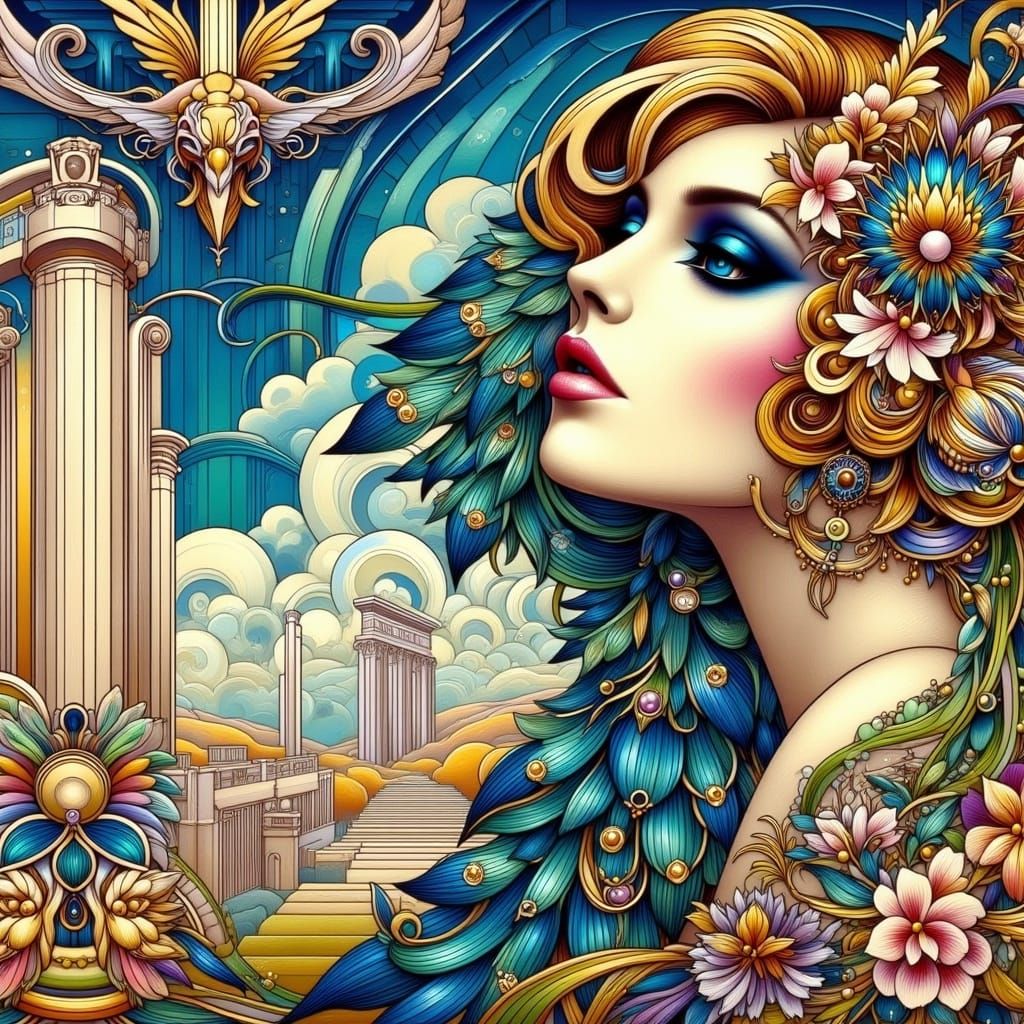 Peacock Gryphon Soaring Above Ruined Temple, Art Deco Nouvea...