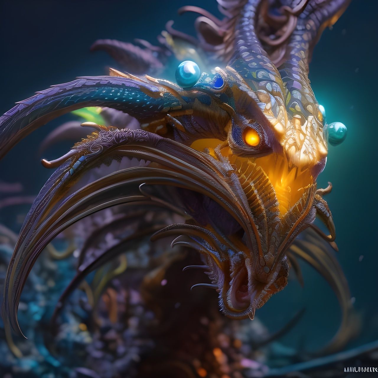Iridescent Alien Dragon in Ethereal Underwater Scene