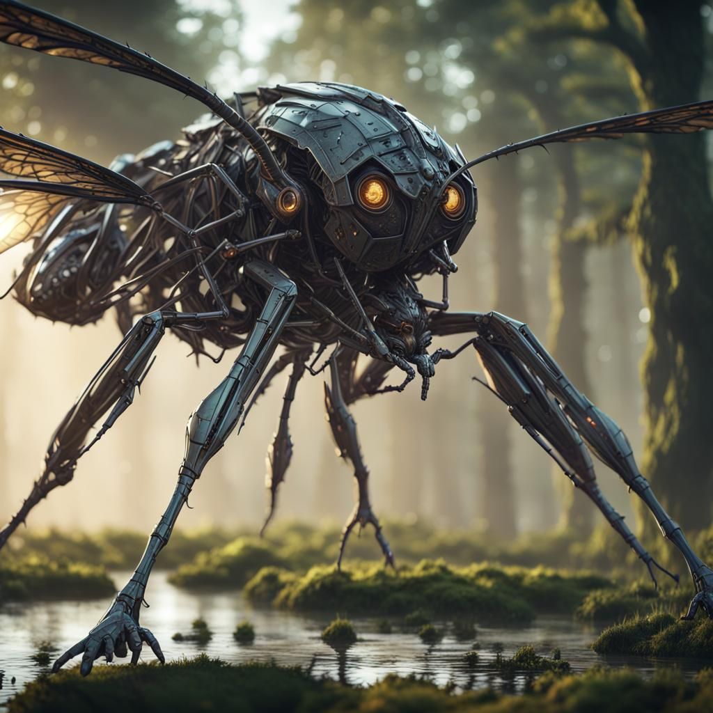 A flying monstrous insect in a swamp