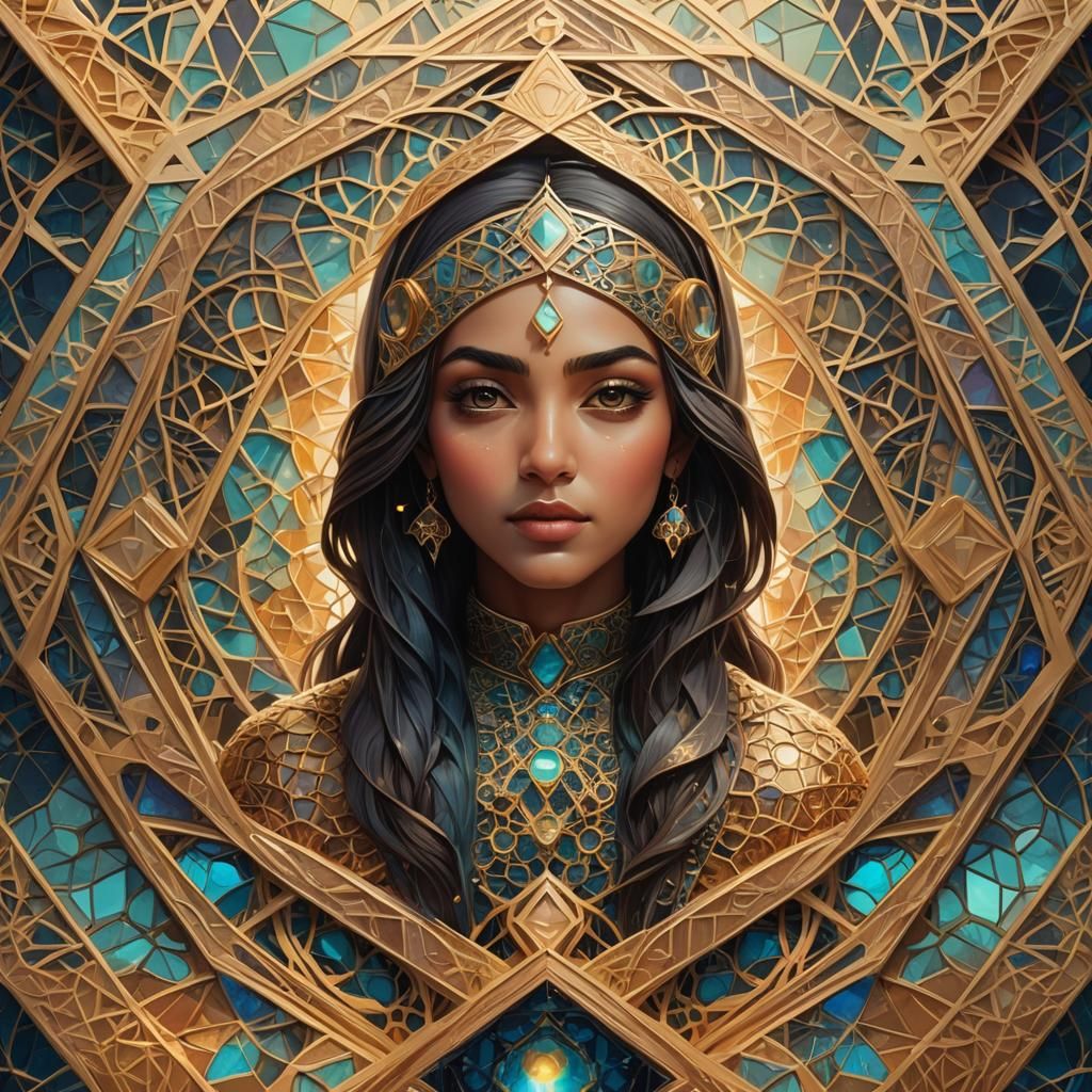 Intricate Geometric Fantasy Art with Arabic Character