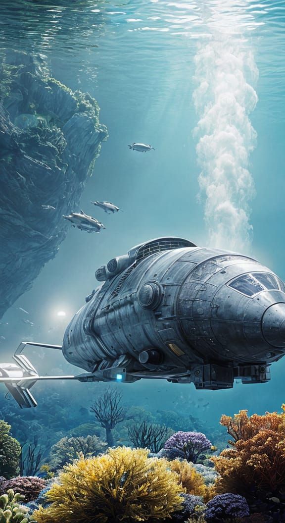 Futuristic Submarine in Alien Underwater World