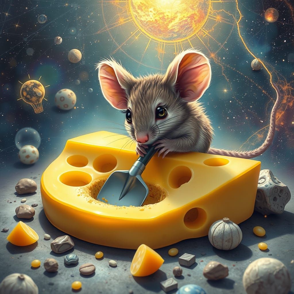 Whimsical Mouse Excavates Cosmic Cheese