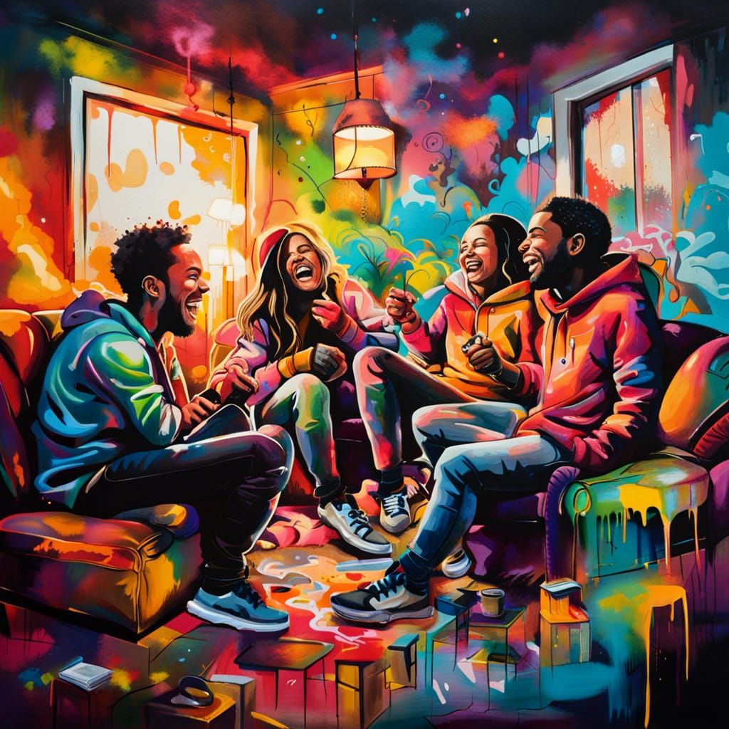 Friends Laughing in Cozy Room: Splash Art Style