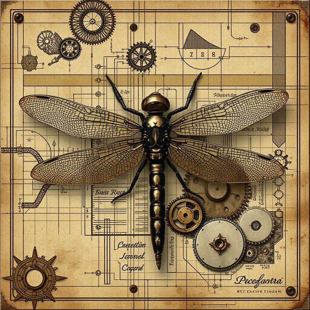 Steampunk Robot Dragonfly in Glitchcore Style