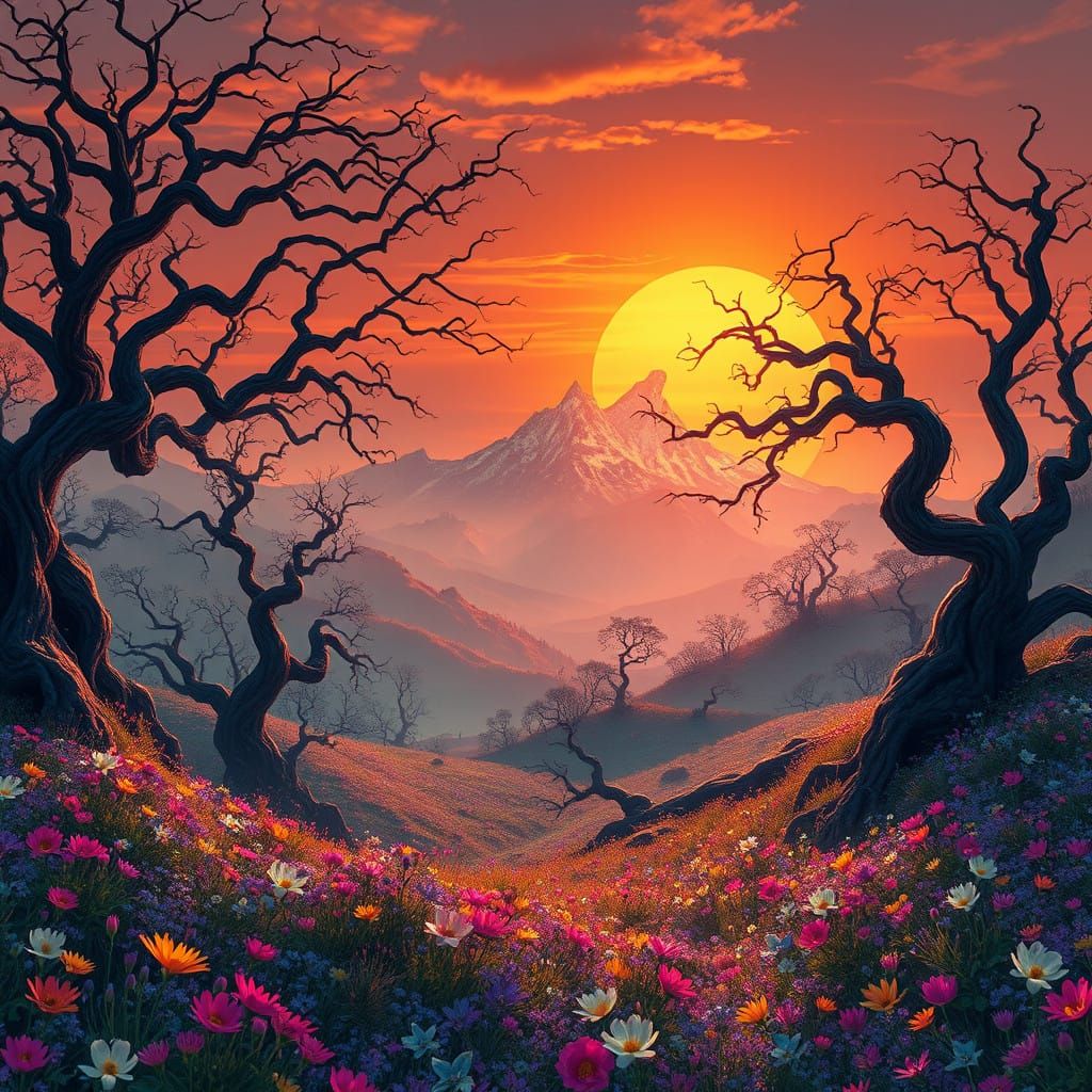 Ethereal Realm of Ancient Trees and Shimmering Wildflowers