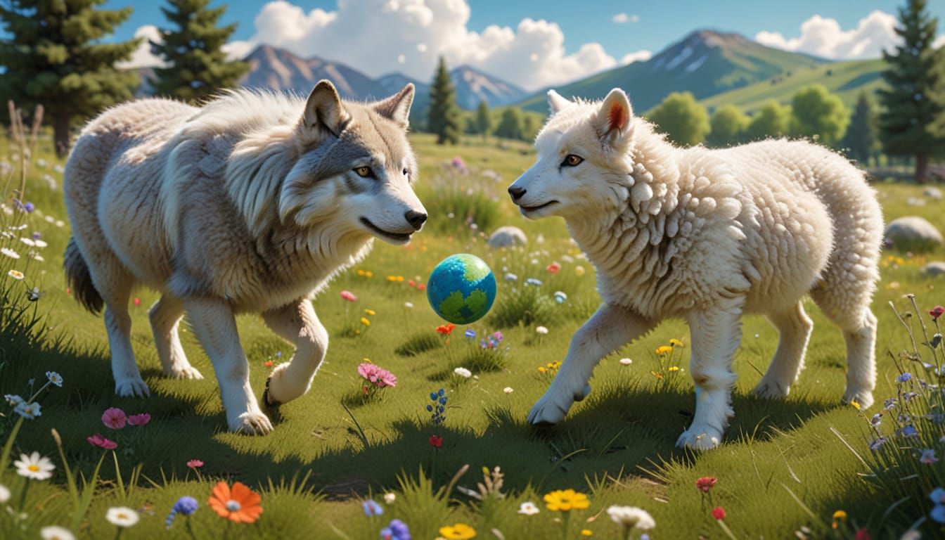 Wolf and Lamb Play Catch in Sunny Meadow