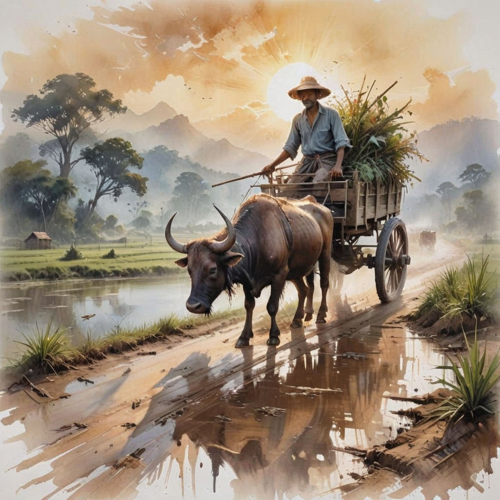 Myanmar Countryside Road at Sunrise in Watercolour Style