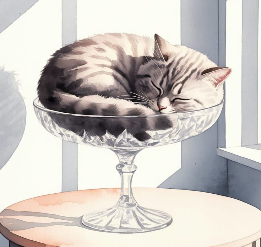 Serene Grey Cat in a Crystal Bowl