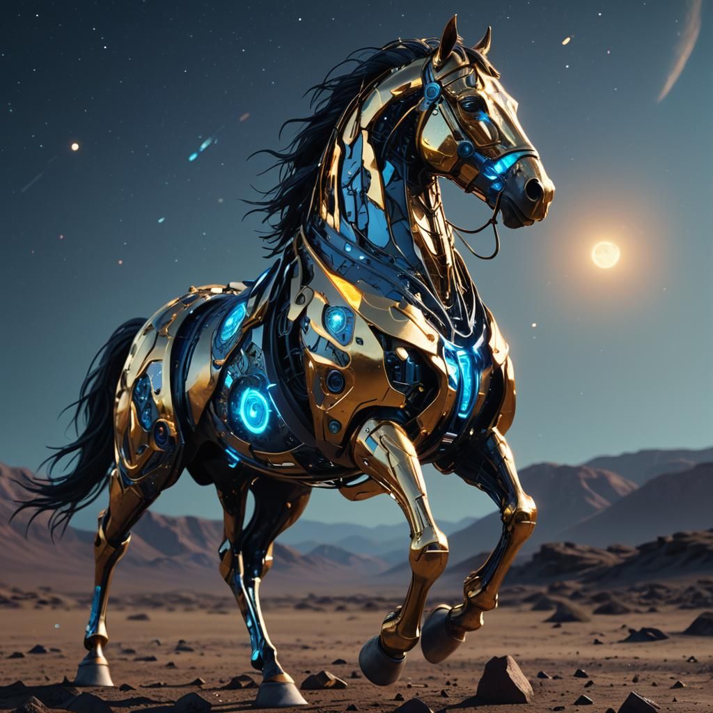 Metallic Sci-Fi Horse Roams Barren Wasteland