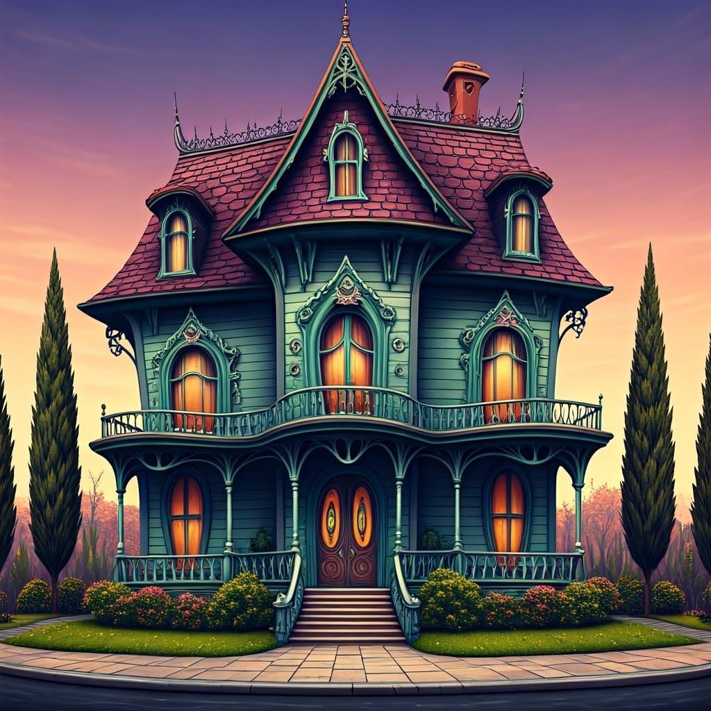 Whimsical Gothic House with Exaggerated Features