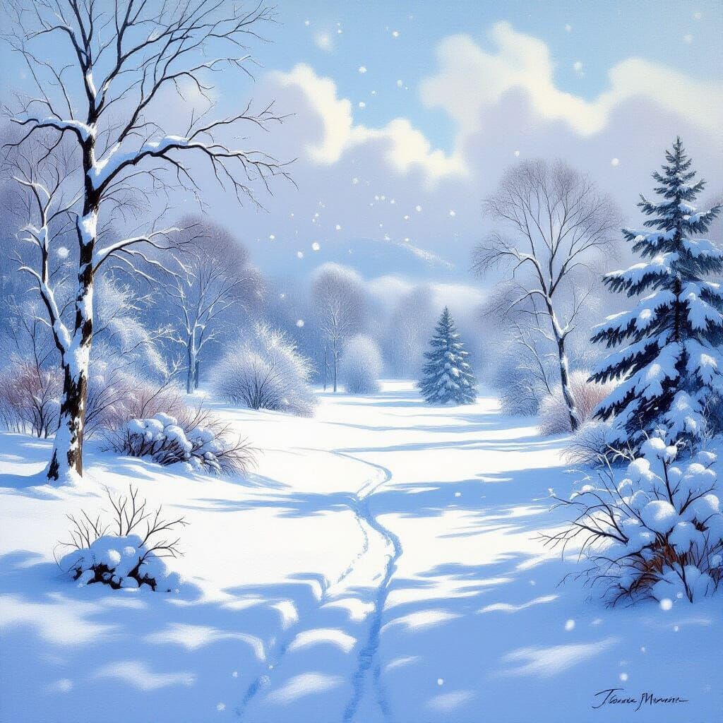 Serene Winter Snowfall in Painterly Style