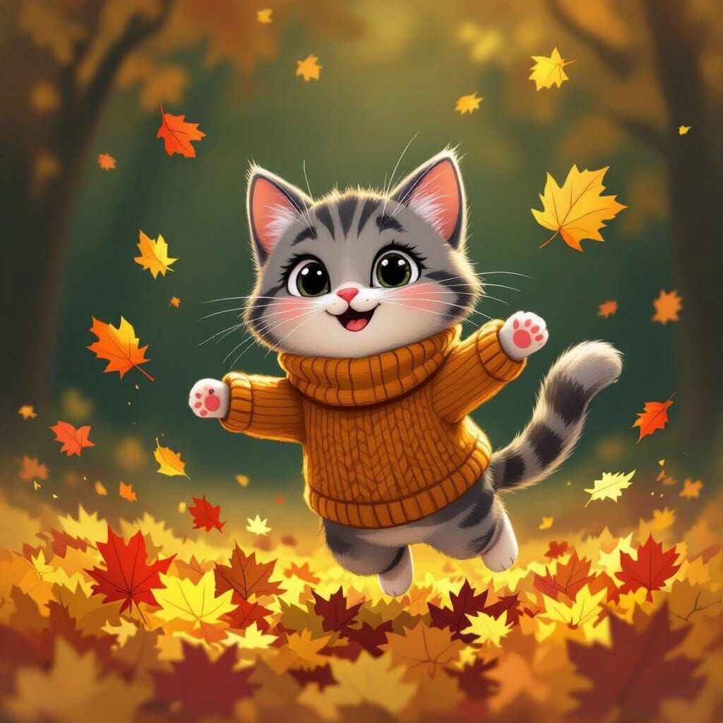 Cartoon Cat Jumps into Autumn Leaves