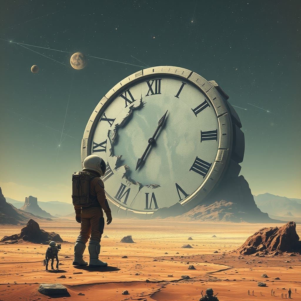 Astronaut Gazes at Shattered Cosmic Clock on Desolate Planet