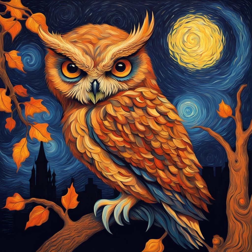 Halloween Owl in Van Gogh Style