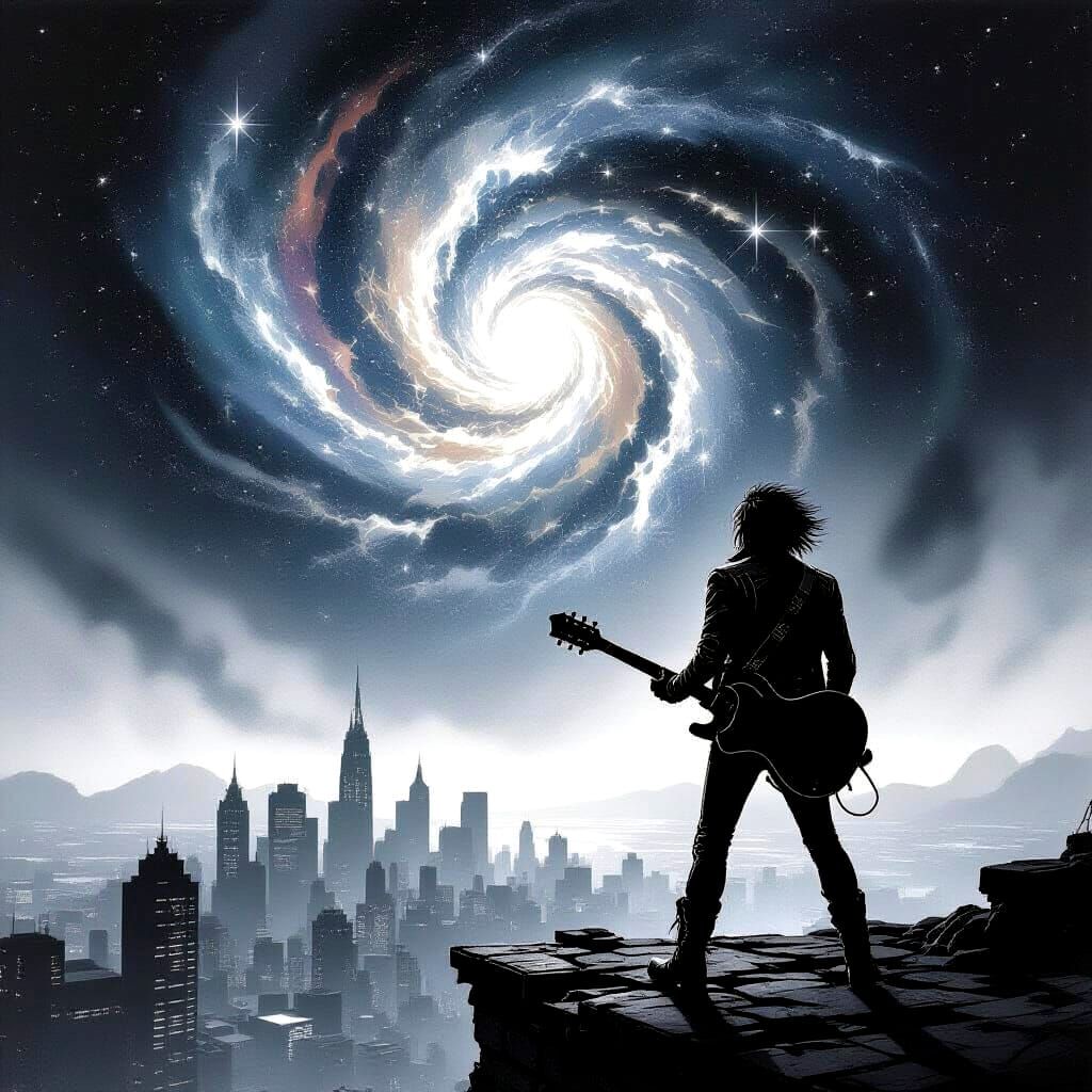 Monochrome Punk Rocker Gazing at Galaxy