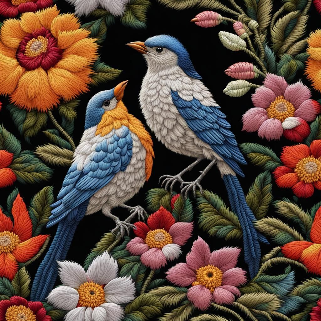 Victorian Embroidery Pattern with Birds and Flowers