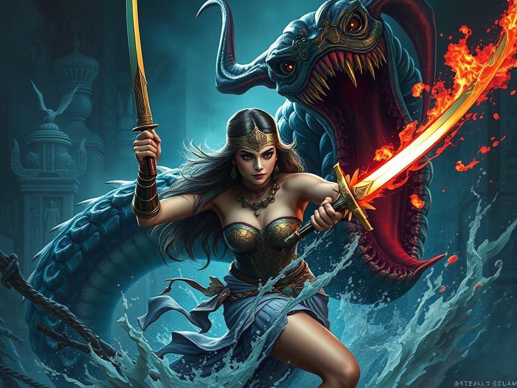 Fantastical Warrior Fights Hydra in Ancient Temple
