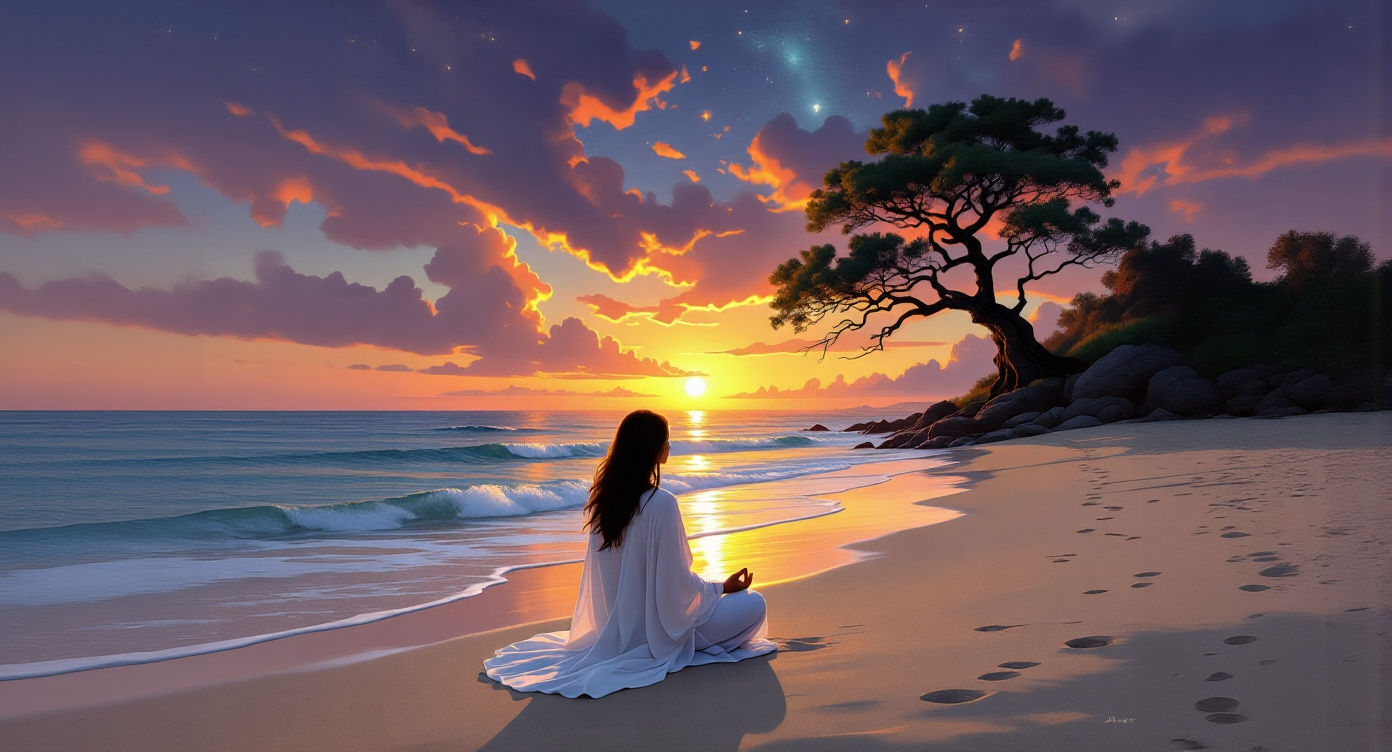 Woman Meditating on Beach at Sunset in Painterly Style