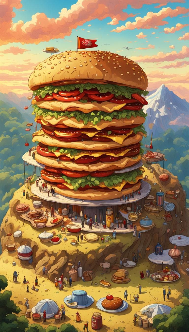 Giant Hamburger Picnic on a Mountain, Whimsical Art