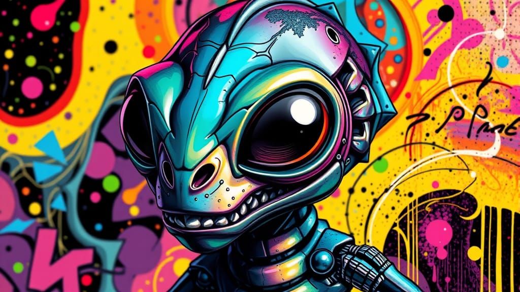Chrome Alien Cyborg in Psychedelic Graffiti Art