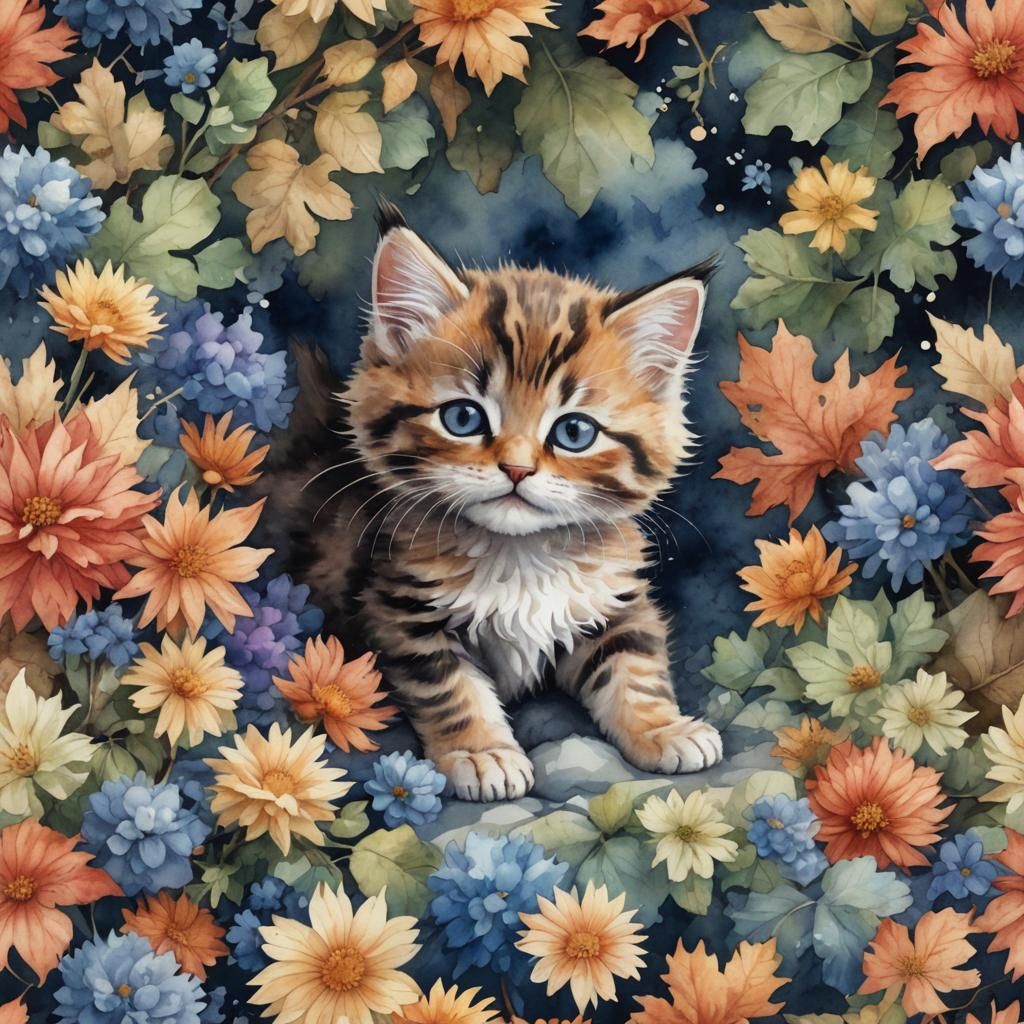Watercolor Kitten Sleeping: Detailed Fantasy Art