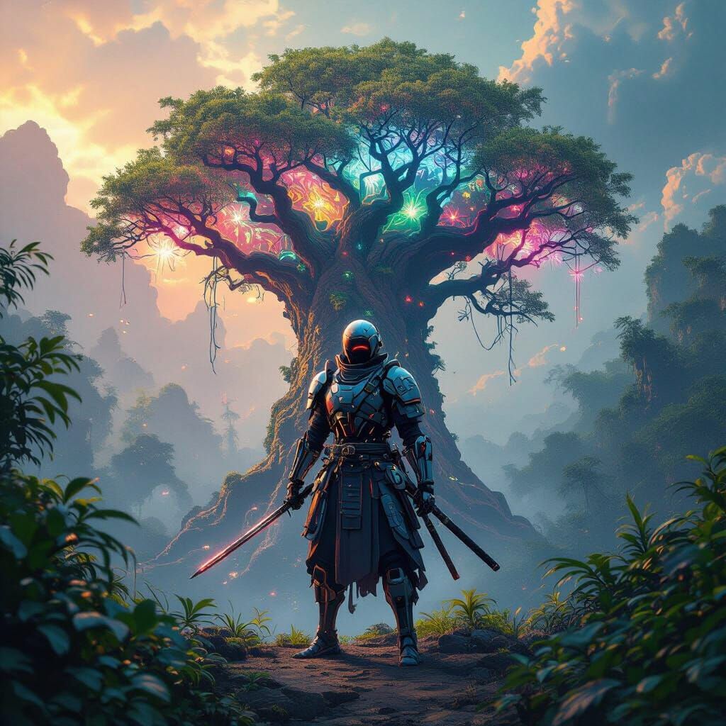 Cybernetic Samurai on Alien Tree in Biopunk Style